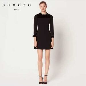 Sandro Rhinestone Mock Neck Velvet Black Mini Dress Size EU 38 US 6